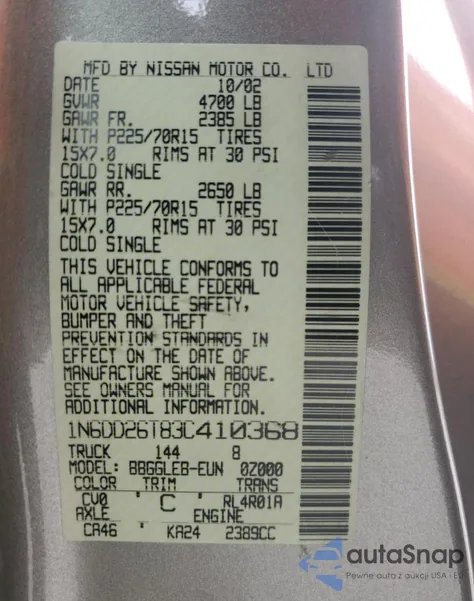 2003 Nissan Frontier King Cab Xe from USA, damaged, VIN 1N6DD26T83C410368